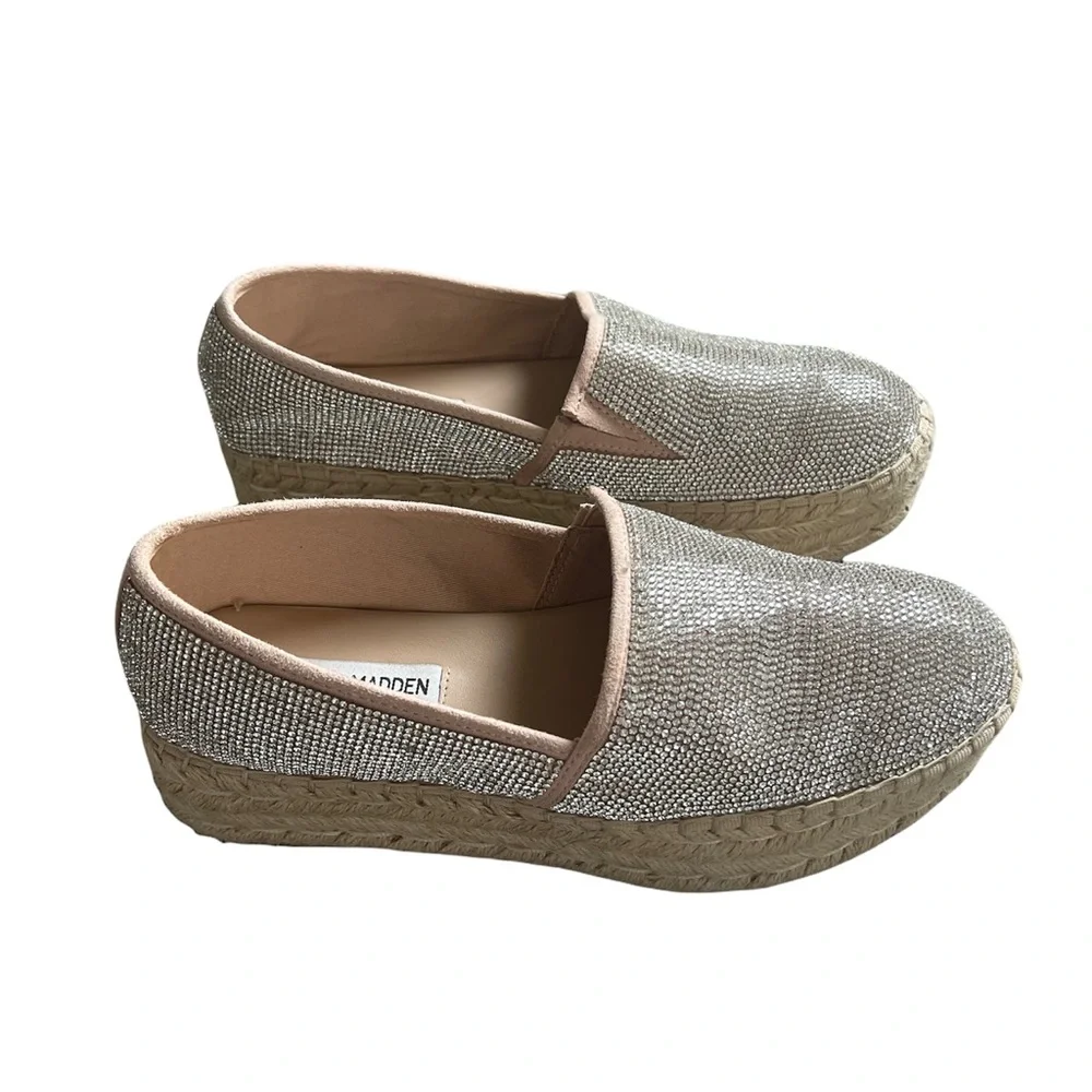 Steve Madden Crystal-Embellished Nude Espadrille Platform Slip-Ons